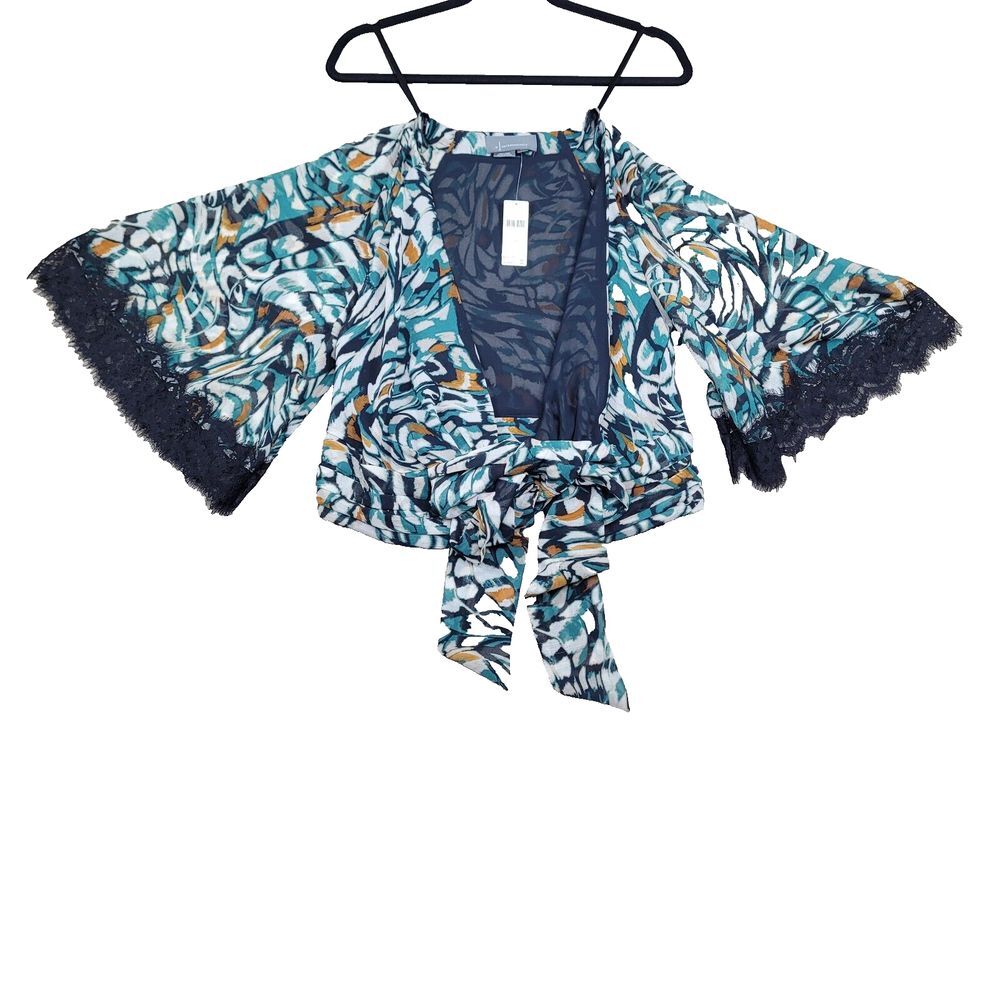 Anthropologie Shawl Top Womens Size XS‎ Green Lace Sleeve Flowy Tie Up NEW